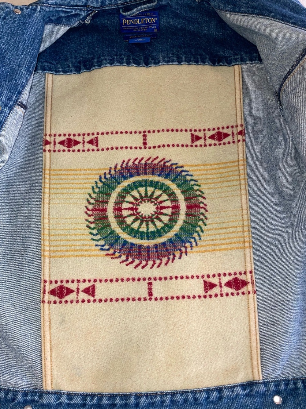 Pendleton Denim Jean Jacket Wool Aztec Geometric Panel Patch - Picture 12 of 13